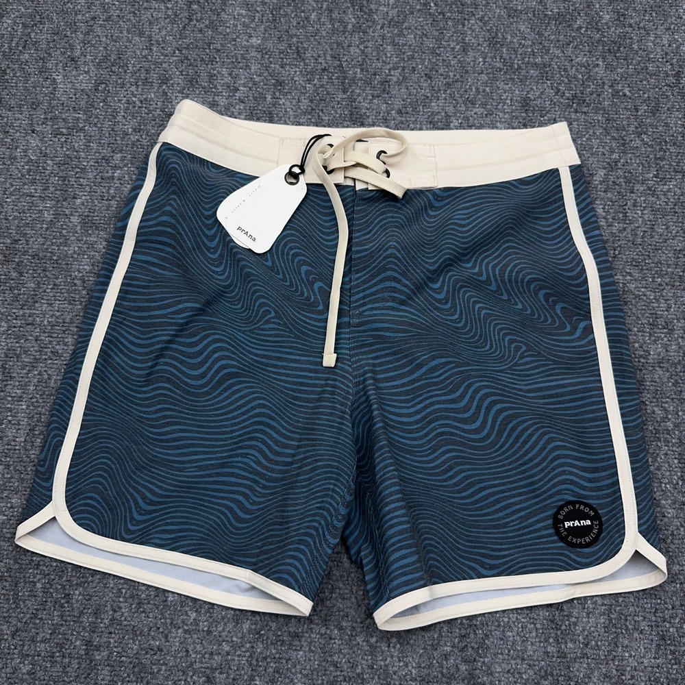 NEW Prana Vintage Boardshort Mens 28 Stormy Night Wavee Print 6" Swim Trunks